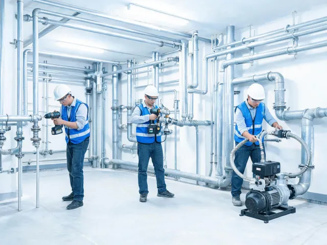 Plumbing mechanical team with drill and pump