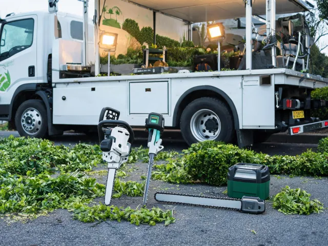 Battery outdoor tools by a maintenance truck