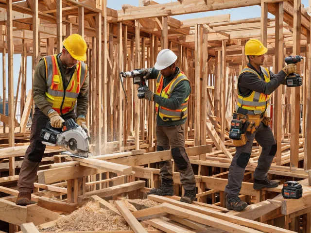 Framing crew with saws and drivers