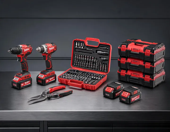 Milwaukee tool product categories on a workbench